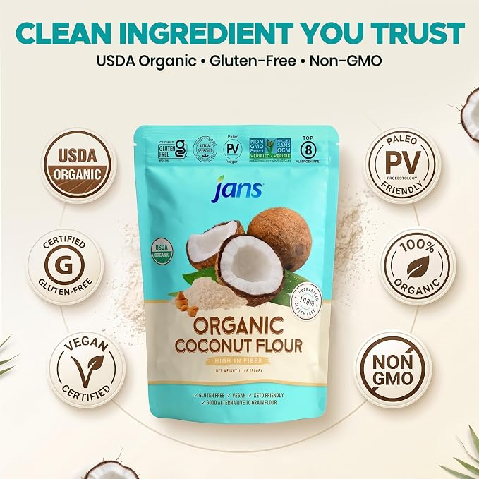 Jans Organic Coconut Flour, 1.1 lb – Gluten Free Coconut Flour, Keto & Paleo Friendly, High Fiber Low Carb Baking Flour Substitute, USDA Organic, Unbleached & Unrefined, Vegan