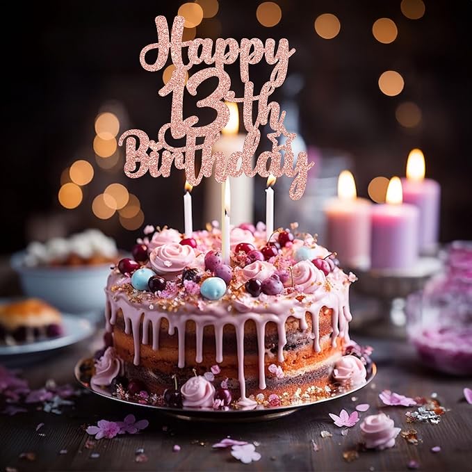 Gyufise 1Pc Happy 13th Birthday Cake Topper Glitter 13 & Fabulous Official Teenager 13 Birthday Cake Pick for Celebrating 13th Birthday Anniversary Party Cake Decorations Supplies Rose Gold