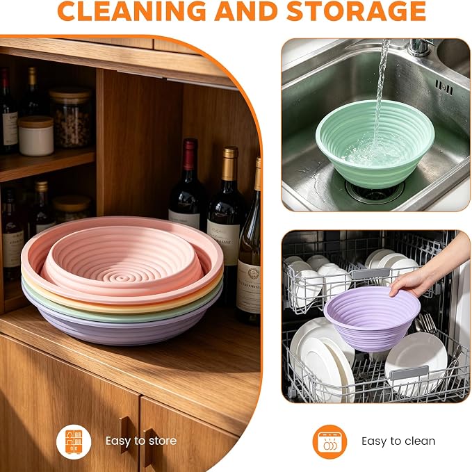 4 PCS 9Inch Silicone Bread Proofing Baskets Oval Banneton Basket Collapsible Sourdough Bread Baking Supplies Non-stick Dough Proofing Bowls Containers Oven Safe for Breads Making