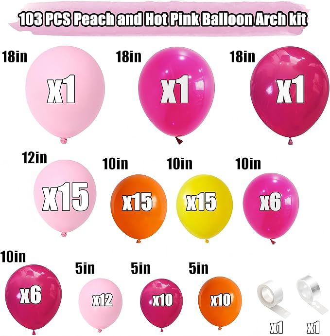 Pink and Orange Balloon Arch, 103 PCS Baby and Hot Pink Balloon Garland With Peach Yellow Balloons for Princess Tropical Hawaiian Theme Birthday Party Decorations