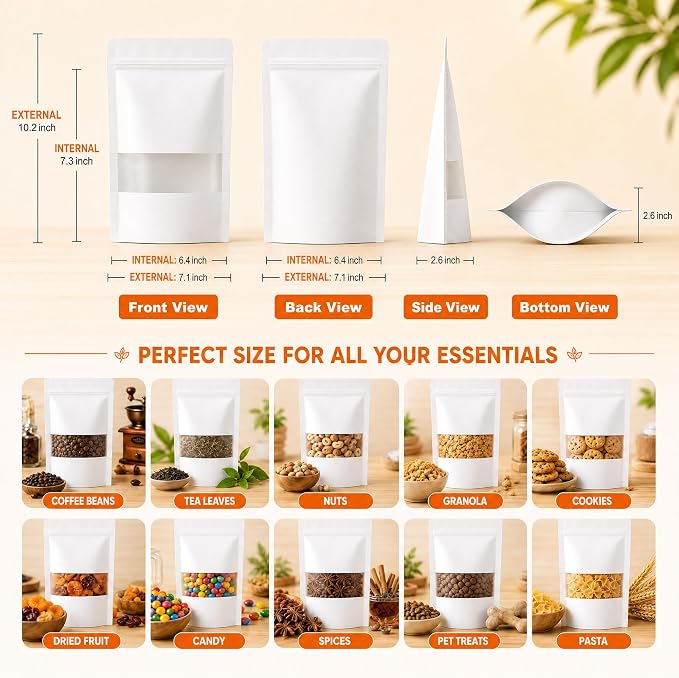 100 Pcs White Kraft Paper Bags with Window, 7.1" x 10.2" Stand Up Pouches Bags, Food Storage Bags for Packaging Products, Reusable, Sealable