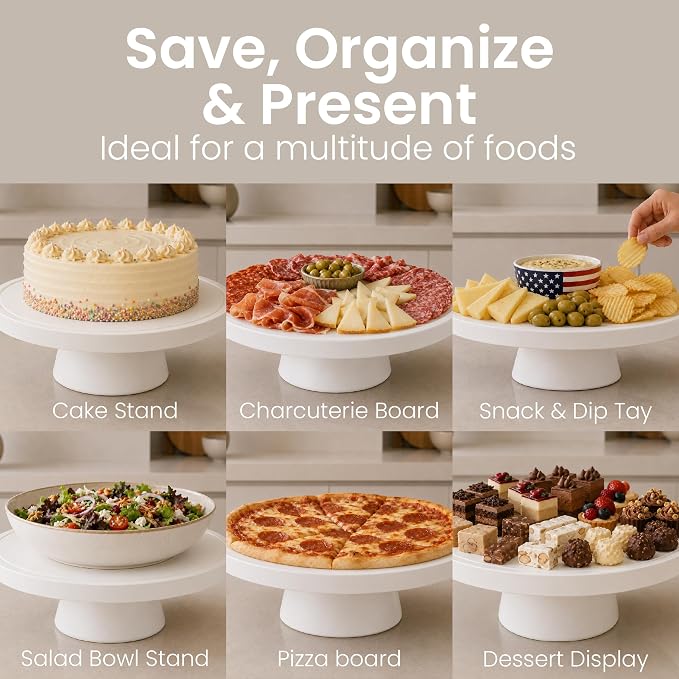 Acacia Wood Cake Stand with Lid Anti-Mold 12 Inch - 2-in-1 Wooden Charcuterie Board - Covered Dessert Plate with Acrylic Dome - Vintage Pastry Display - Tall Domed Serving Stand Platter - White