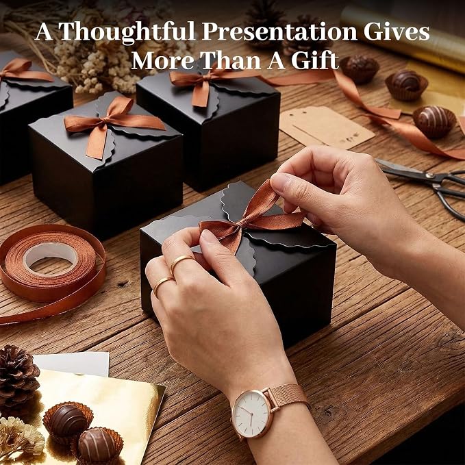 VGOODALL 10PCS Gift Candy Boxes, Black Treat Box with Ribbon Paper Candy Boxes for Wedding Cookie Chocolates Small Gifts