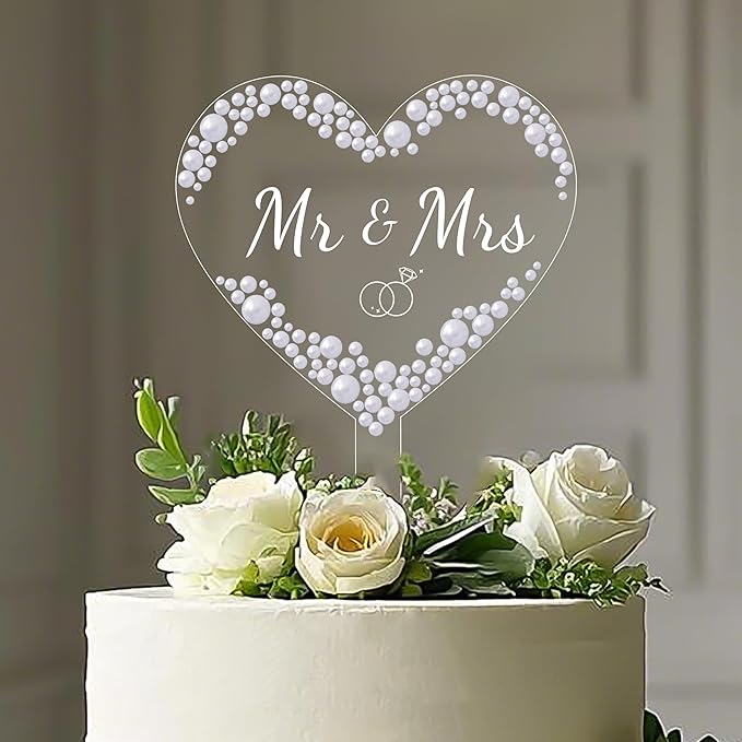 Coucoland Mr and Mrs Cake Topper - Heart Wedding Cake Decor with Elegant Pearls for Engagement Bridal Anniversary