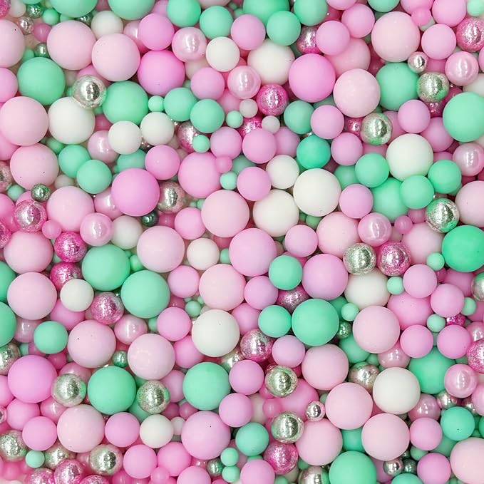 Dynastang Mixed Size Pink Series & Green Series Pearls Sprinkles Edible Pearls Cake Decorations Cupcake Toppers Decorating Perfect for Cakes, Cupcakes, Desserts 3OZ