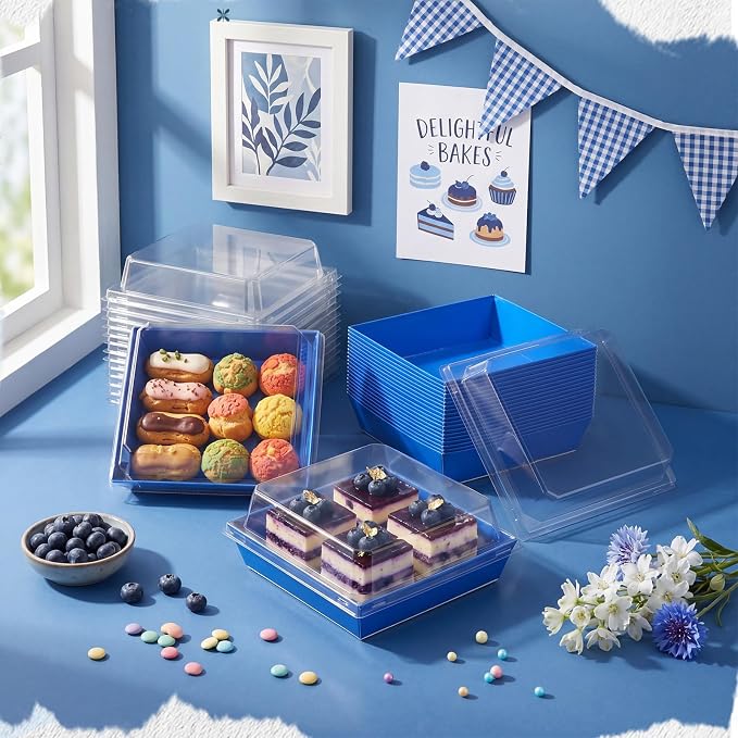 Potchen 50 Pack Bakery Boxes with Clear Lids, Disposable Charcuterie Treat Boxes for Cookies, Donuts, Cupcakes, Candy and Mini Cakes, Party Favor for Wedding and Gift Giving(Dark Blue Pattern)