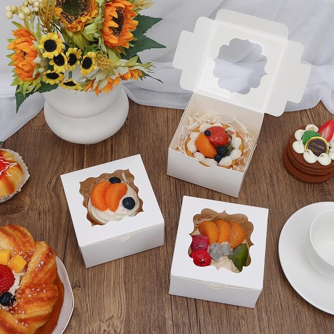 TOMNK 150pcs White Small Cookie Boxes with Window,4x4x2.5 Inch Small Bakery Boxes, 3 Style, Cookie Boxes Bulk for Dessert, Chocolate Strawberries Donuts and Party Favor