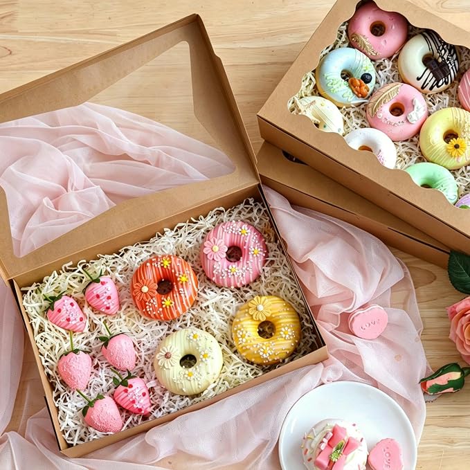TOMNK 7pcs Cookie Boxes, 12x8x2.5 Inches Bakery Boxes with 3 Style Window for Chocolate Covered Strawberries, Donuts, Pastries (Brown)