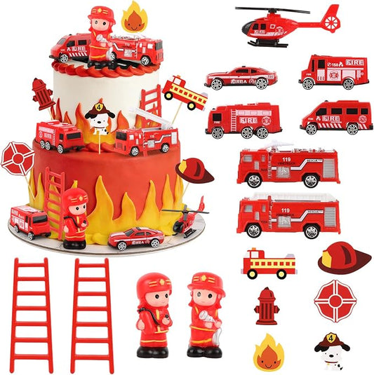 Hooqict 17 Pieces Fire Truck Cake Decorations Set with Mini Firetruck Firefighter Fire Engine Birthday Cake Toppers & Cupcake Toppers for Fireman Fire Truck Birthday Party Decorations Supplies