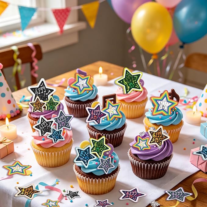 48PCS Edible Musical Notes Star Cupcake Toppers Wafer Paper Music Symbol Cake Picks Music Concert Cake Topper Edible Musical Cupcake Picks for Concert Theme Party Decor