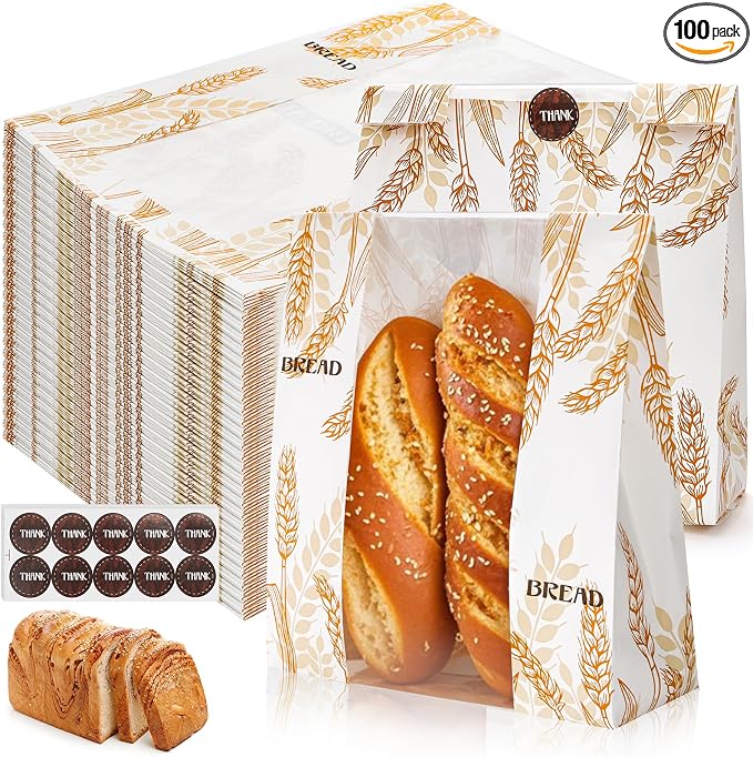 100 Pack Paper Bread Bags with Clear Window, 10 x 14 x 4 Inch Homemade Bread Loaf Bag with Stickers, Large Bakery Bags Sourdough Bread Storage Bag for Popcorn, Cookies, Snacks