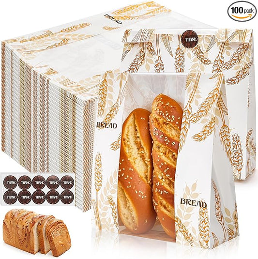 100 Pack Paper Bread Bags with Clear Window, 10 x 14 x 4 Inch Homemade Bread Loaf Bag with Stickers, Large Bakery Bags Sourdough Bread Storage Bag for Popcorn, Cookies, Snacks