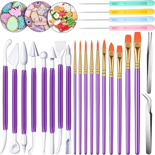 24 Pieces Cookie Decorating Fondant Cake Decorating Tool Set Include Brushes Sugar Stir Needle Fondant Modeling Tool Elbow and Straight Tweezer(Purple)