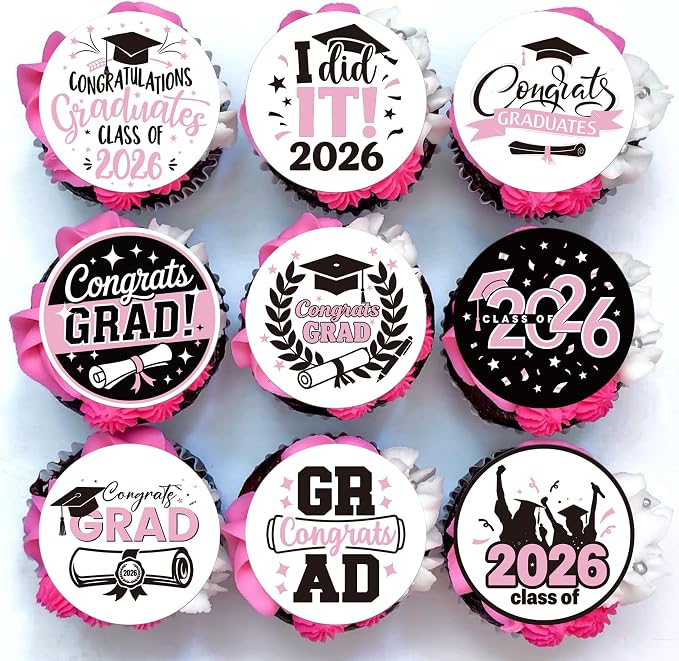 63 PCS Edible 2026 Graduation Cupcake Toppers Diploma Congrats 2026 Grad Cap Class of 2026 Cupcake Picks for Congratulations 2026 Graduations Theme Party Cake Decorations Supplies Pink