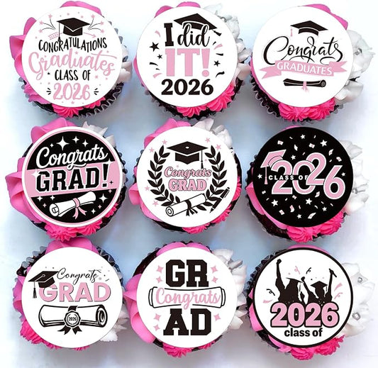 63 PCS Edible 2026 Graduation Cupcake Toppers Diploma Congrats 2026 Grad Cap Class of 2026 Cupcake Picks for Congratulations 2026 Graduations Theme Party Cake Decorations Supplies Pink