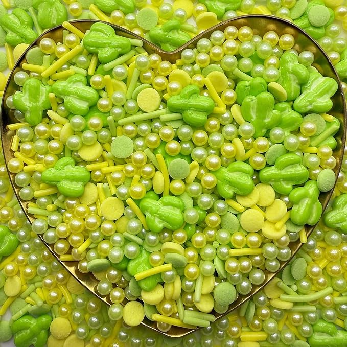 CandiJumpin Edible Cactus Sprinkles, Green and Yellow Pearl Sprinkles Easter Sprinkles Crunchy Jimmies Edible Pearls for Cake Decorating Pearl Decoration for Baking Baby Shower St Patricks Day Birthday Wedding Christmas Supplies 3 OZ
