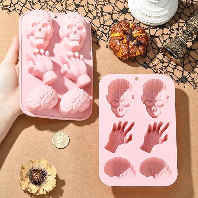Ipotkitt 2pcs Pink Halloween Theme Silicone Candy Molds Skull Hand Brain Shaped Gummy Molds for Jelly Fondant Chocolate Candy Ice Cake DIY Crafts Keto Fat Bomb