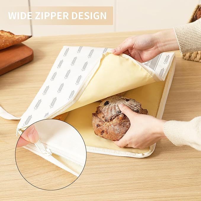 WiNDANCE 2 Pack Beeswax Bread Bags with Zipper, XL(13x17in) Sourdough Bread Storage for Homemade, Freezer Storage Bag to Keep Fresh, Cotton Beeswax Container, Baguette Bag with Liner Kitchen Baking