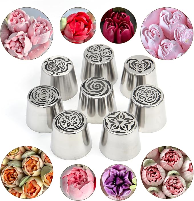 26-Piece Extra Large Russian Piping Nozzles Set Stainless Steel Rose Tulip Piping Tips, 8 Nozzles 2 Brushes 10 Piping Bags 1 Spatula 5 Scraper Cake Decorating Baking Tools (XXL, 22Piece)