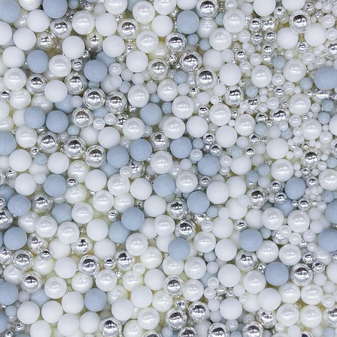 Edible Silver & White & Light Grey Sugar Pearls Sprinkles Candy Mix Size Pearls Cake Decorations Cupcake Toppers Decorating Perfect for Wedding Party Valentine Supplies 4.58OZ