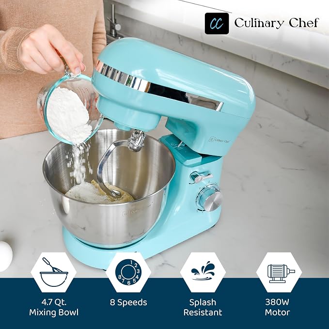CULINARY CHEF 4.5L Stand Mixer with Stainless Steel Bowl, Tilt-Head Kitchen Electric Mixer with Dough Hook, Mixing Beater and Whisk, Splash Guard, Blue