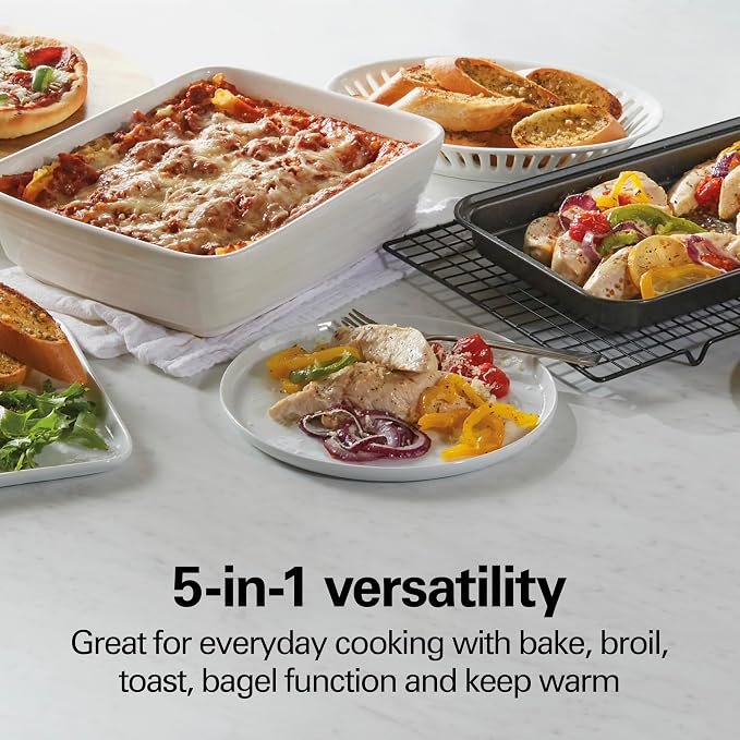 Hamilton Beach 4-Slice Toaster Oven with 5 Cooking Modes (Bake, Broil, Keep Warm Toast & Bagel) with Stay On & Auto Shutoff, 2 Rack Positions, 1100 Watts and 3 Accessories, Stainless Steel (31143)