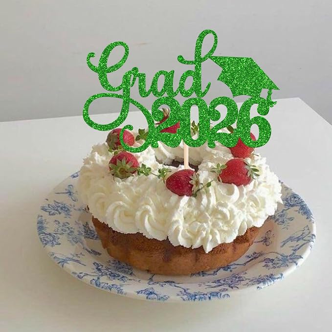1 Pack Grad 2026 Cake Topper with Glitter Congrats Grad Cap Class of 2026 Cake Pick Decorations for 2026 Graduation Theme School Boys Girls Graduate Party Supplies Green