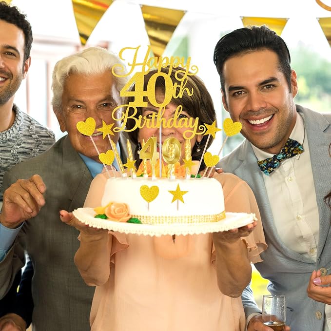 Happy 40th Birthday Cake Topper for 40th Birthday Decorations Numeral 40 Candle with Glitter Heart Cupcake Picks Set for Men Women Hello 40 Birthday Anniversary Party Cake Decor Supplies（GOLD）