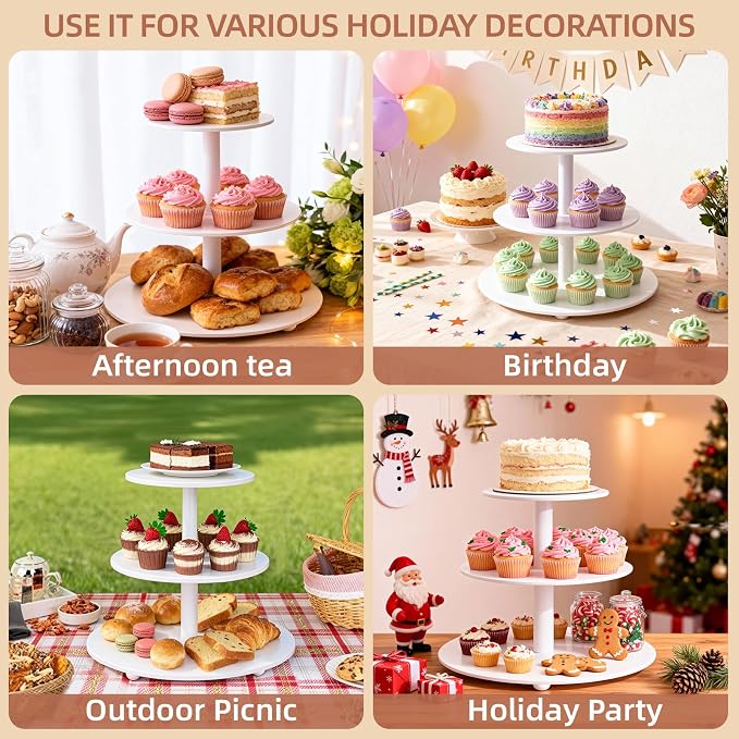 VIVIRBIEN 3-Tier Wooden Cupcake Stand:12in White Round Tiered Cake Stand,Dessert Display for 33 Cupcakes,Easy to Assemble and with Instruction,Cupcake Tower for Wedding/Party/Birthday/Decor