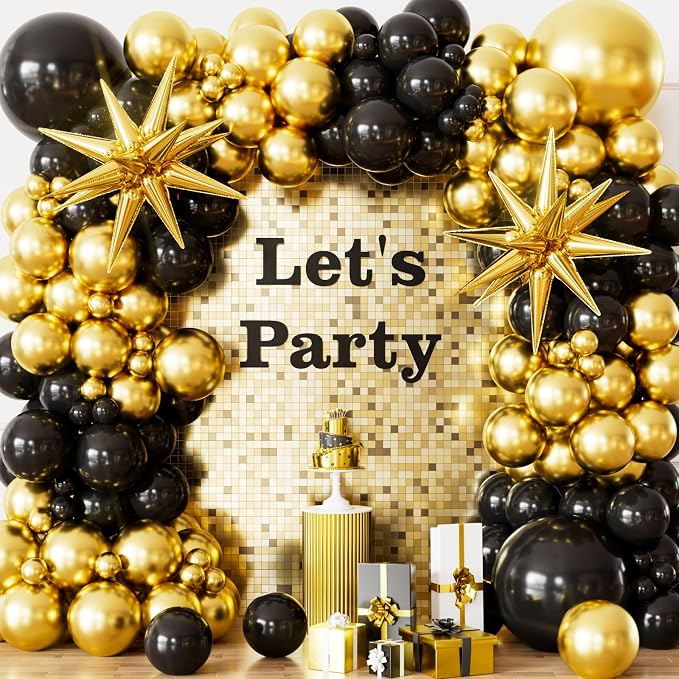 Black and Gold Balloons Arch Garland Kit, 110 Pcs Black Gold and Foil Star Balloon, Fathers Day Balloon arch for Father's Day, Graduation 2026, Birthday, Retirement, Anniversary, Wedding Decor