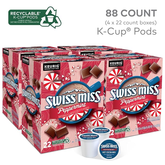 Swiss Miss Peppermint Hot Cocoa, Single-Serve Keurig K-Cup Pods, Hot Chocolate, 88 Count (4 Packs of 22)