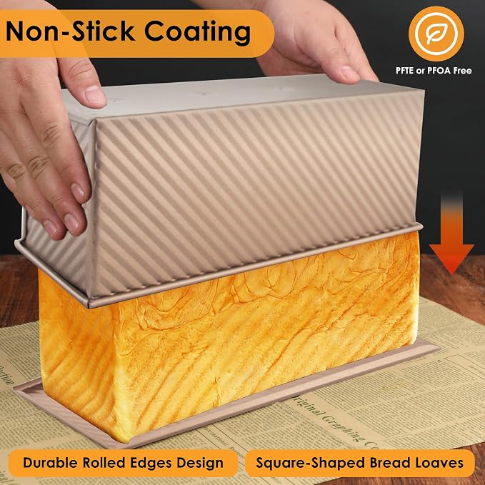 2-pack 2.2lb Aluminized Steel Gold Pullman Loaf Pan with Lid, Premium Non-Stick Coating Bread Pan, PFTE and PFOA-Free, Safe and Healthy Baking for Homemade Bread with Family-sized Recipes