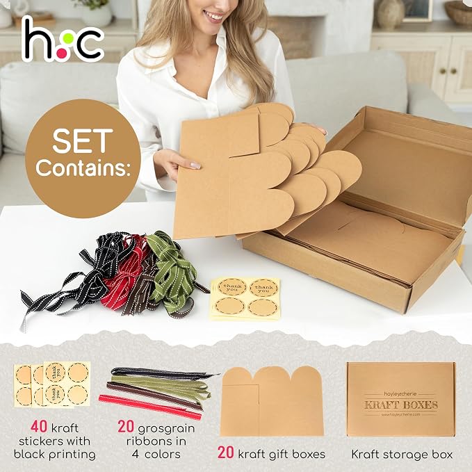 Large Brown Kraft Cookie Boxes with Ribbons & Sticker (20 Pack) 9” x 5.5” Decorative Craft Gift Boxes for Baked Goods, Candy, Bread Loaf, Small Treats, Christmas, Food Packaging, Empty, Bulk, Foldable