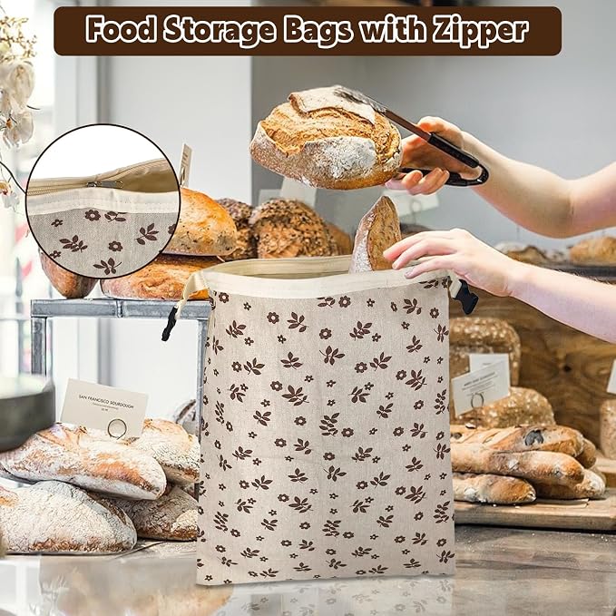 2 Pack Beeswax Bread Bags for Sourdough Homemade Bread, XL Linen Bread Bag | Zippered Reusable Cotton Bread Bags, 10 Pcs Large Paper Bags, Food Storage Bag, Lock in Freshness, Freezer Safe, Eco-Friendly