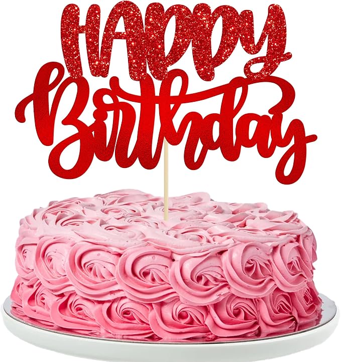 Gyufise 1Pcs Happy Birthday Cake Topper Glitter Cake Pick for Celebrating Anniversary Theme Party Cake Decorations Supplies Red