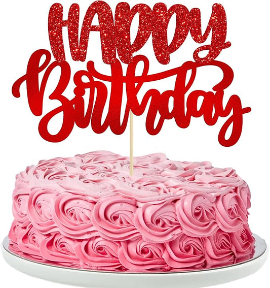 Gyufise 1Pcs Happy Birthday Cake Topper Glitter Cake Pick for Celebrating Anniversary Theme Party Cake Decorations Supplies Red