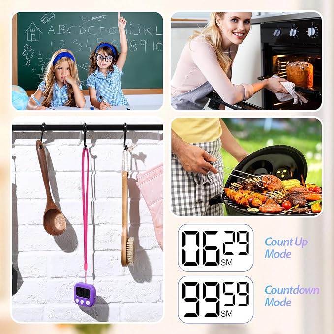 Leumoi 24 Packs Small Digital Kitchen Timer for Classroom with Lanyards Magnetic Back and Switch Minute Second Count up Countdown Big LCD Display Loud Alarm for Teacher Cooking Baking, Colorful