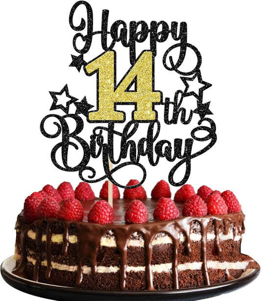 1 PCS Happy 14st Birthday Cake Topper Black Gold Glitter Cheers to 14 Years Birthday Cake Pick Hello 14 Fabulous Cake Decoration for Happy 14st Birthday Anniversary Party Decorations Supplies