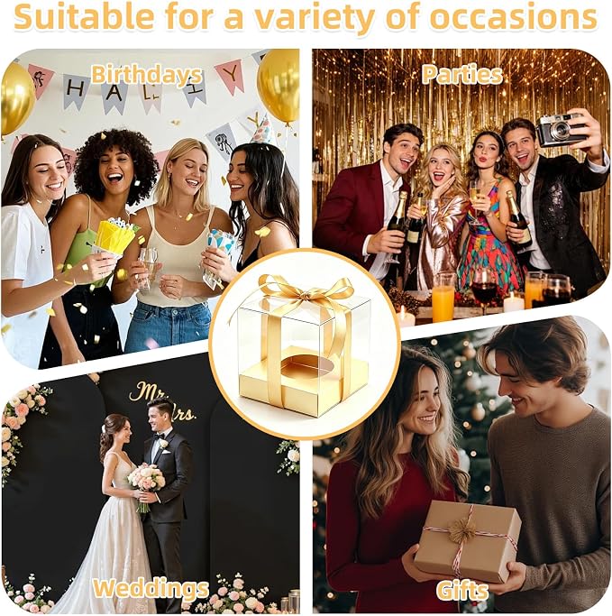 50 Pcs God Clear Plastic Cupcake Boxes, Individual 3.5 Inch Single Holder Containers with Insert and Ribbon, Paper Base for Wedding, Birthday, Party Favor Gift