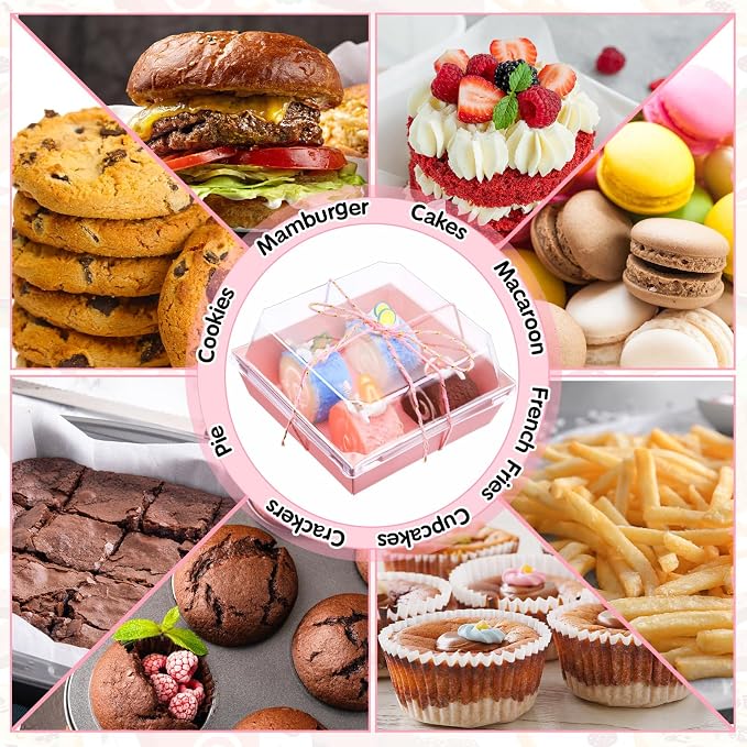 Jetec 300 Pack Charcuterie Boxes with Clear Lids and Rope 4 Inches Cake Disposable Square Dessert Food Box Containers with Lids for Bakery Macaron Cookies Strawberries Fruits Display (Pink)
