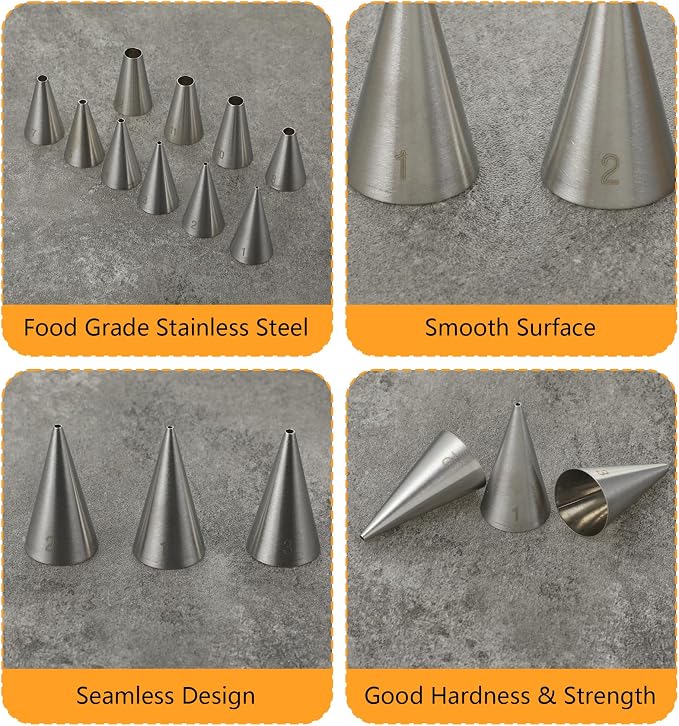 10Pcs Round Piping Tip, 10 Sizes Stainless Steel Wilton Piping Tips for Cookies, Professional Cake Decorating Tools for Frosting, Icing & Russian Pastry