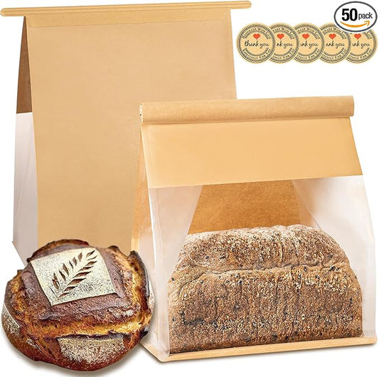 Heavy Duty Large Paper Bread Bags with Tin Tie Tab Lock 50pcs, Loaf Bag with Clear Front Window, Storage Packaging Treat Bag for Bakery Cafe Homemade Bread 10.6” × 4.3” × 8.7”