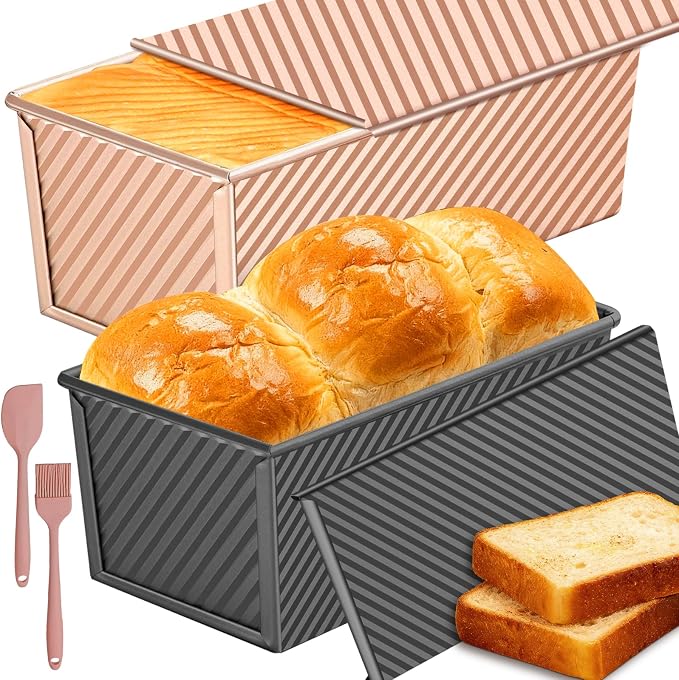 2 Pack Pullman Loaf Pan with Lid: 2.2 LB & 1 LB (13x4 & 9x4 inch) Sandwich Bread Loaf Pan for Homemade Sourdough Bread - Nonstick Carbon Steel Corrugated Toast Box Mold for Baking Bakeware