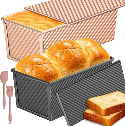 2 Pack Pullman Loaf Pan with Lid: 2.2 LB & 1 LB (13x4 & 9x4 inch) Sandwich Bread Loaf Pan for Homemade Sourdough Bread - Nonstick Carbon Steel Corrugated Toast Box Mold for Baking Bakeware