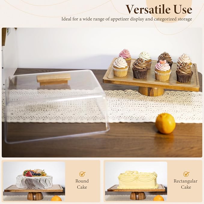 Rectangular Acacia Wood Cake Stand with Thickened Acrylic Cover | 2-in-1 Cake Stand/Charcuterie Board, 15''L*11.5"W, Stablize & Solid, Party Decorations, Gift-Ready, Fit Parties, Holiday