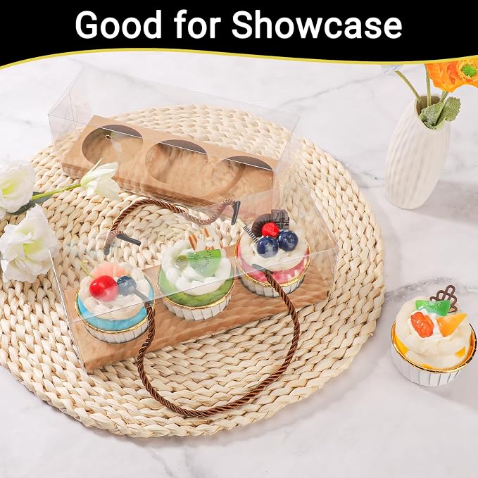 EUSOAR Cupcake Containers, 10 Pcs 9"x3"x3" Brown Clear Muffins Boxes 3 Compartments Bakery Take out Holder, Portable Dessert Pastry Cookies Wrappers for Graduation Gifts Birthday Wedding Favor