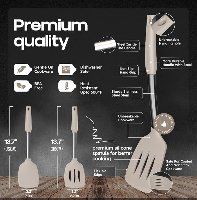 BakeRoyal Silicone Spatula Set - Turner Spatulas Silicone Heat Resistant 600°F - Slotted & Solid Spatula for Cooking Fish, Eggs, Pancakes Flipper – Spatulas for kitchen use – Mist