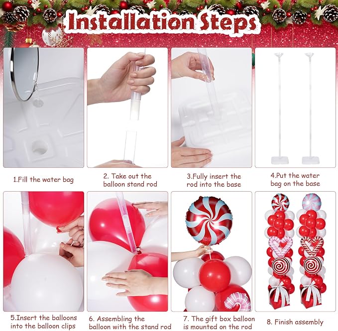 Skylety 2 Sets Balloon Column Stand Kit Balloon Tower Stand with Bases for Birthday Wedding Anniversary Graduation Party Baby Shower Decorations Supplies(Christmas,Red White Pink)