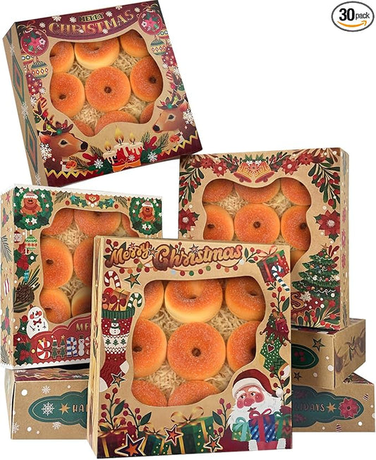 qiqee Christmas Kraft Cookie Boxes with Window 30packs 9x9x2.5 Inch Bakery Box Pastry Box for Christmas
