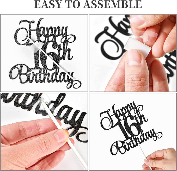 16th Birthday Cake Decorations, 16th Birthday Candles Cake Numeral Candles and Glitter Happy 16th Birthday Cake Toppers Set for Birthday Party Supplies (Black)